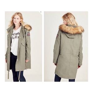 True Religion green cotton parka w/ faux fur hood